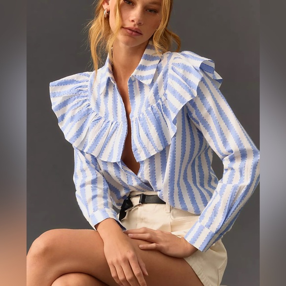Clare V Charlotte Ruffled Striped Blue/White Blouse Size XS - Picture 1 of 10